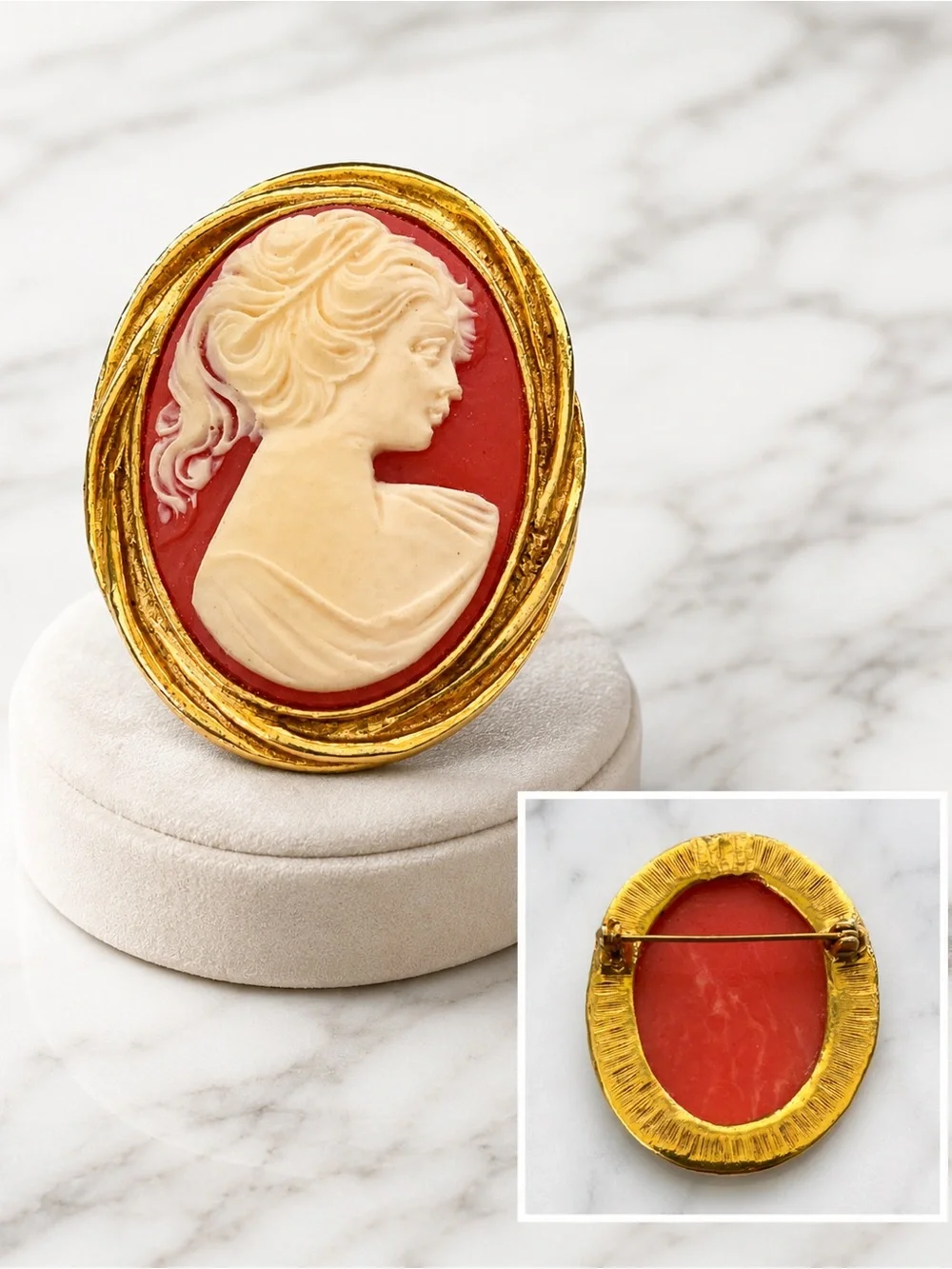 Vintage Inspired Cameo Brooch | Gold Tone Oval Portrait Pin